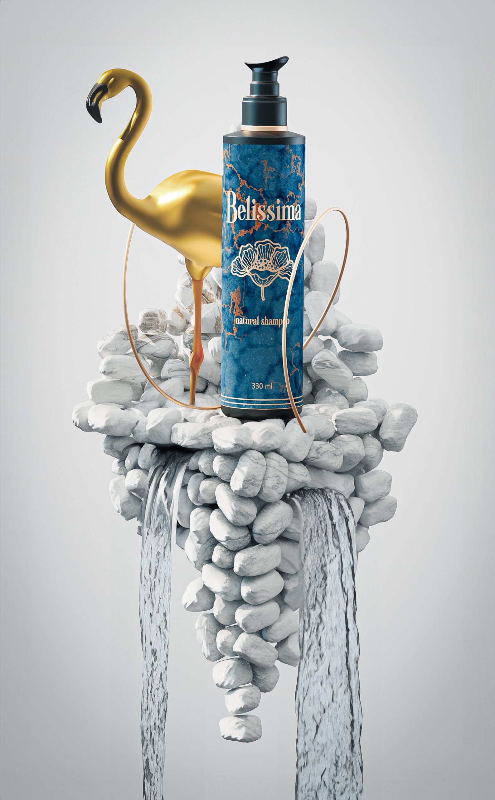 Graphic designer Claudio Beck composed a 3d render of a shampoo cosmetic package with white pebble stones in the background, featuring a golden flamingo and a pair of waterfalls.