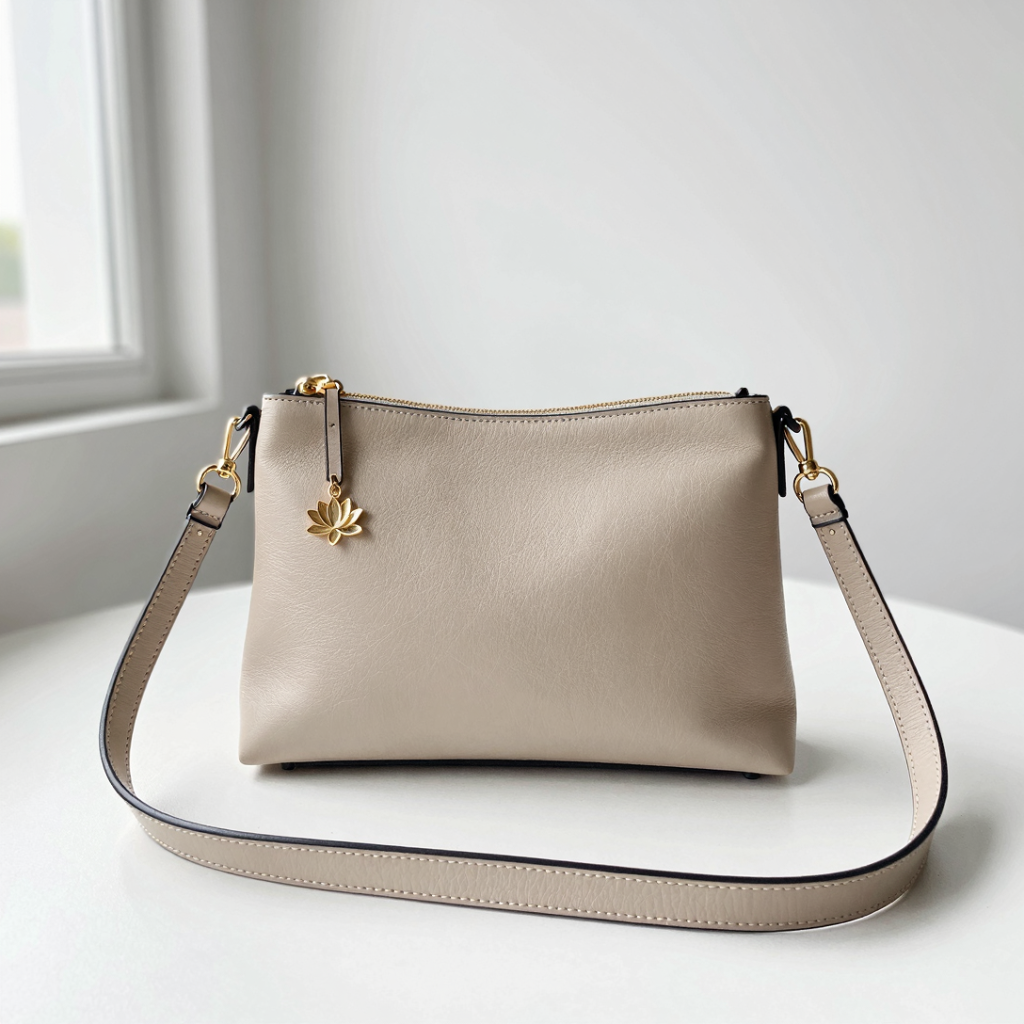 Light beige leather handbag with gold-tone hardware and a lotus charm